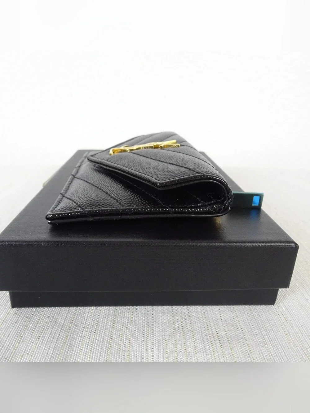 YSL Saint Laurent Monogram Card Holder Wallet Matelasse Chevron Grain Leather